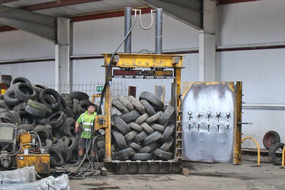 building a scrap tyre bale at our recycling unit in Sutterton Lincolnshire